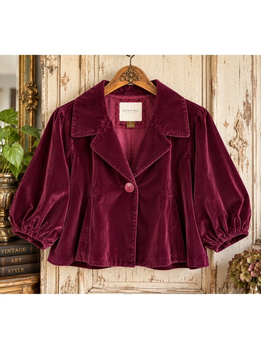 Velvet Cropped Swing Jacket XL Burgundy Purple Balloon Sleeve Fall Trend Sonoma